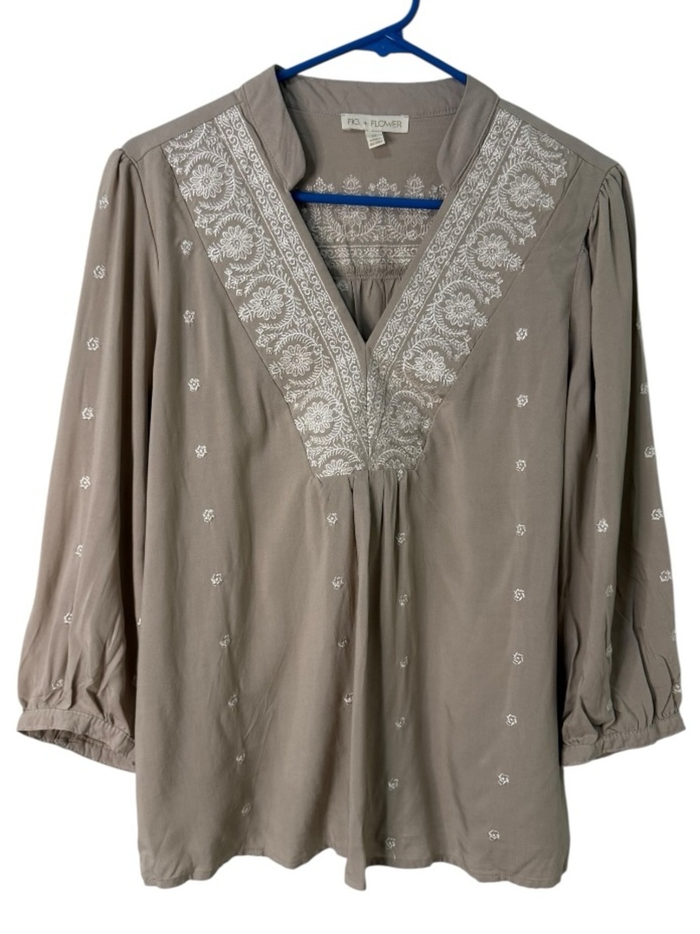 NWT Anthropologie Fig + Flower Embroidered Rayon Boho Peasant Blouse M Taupe